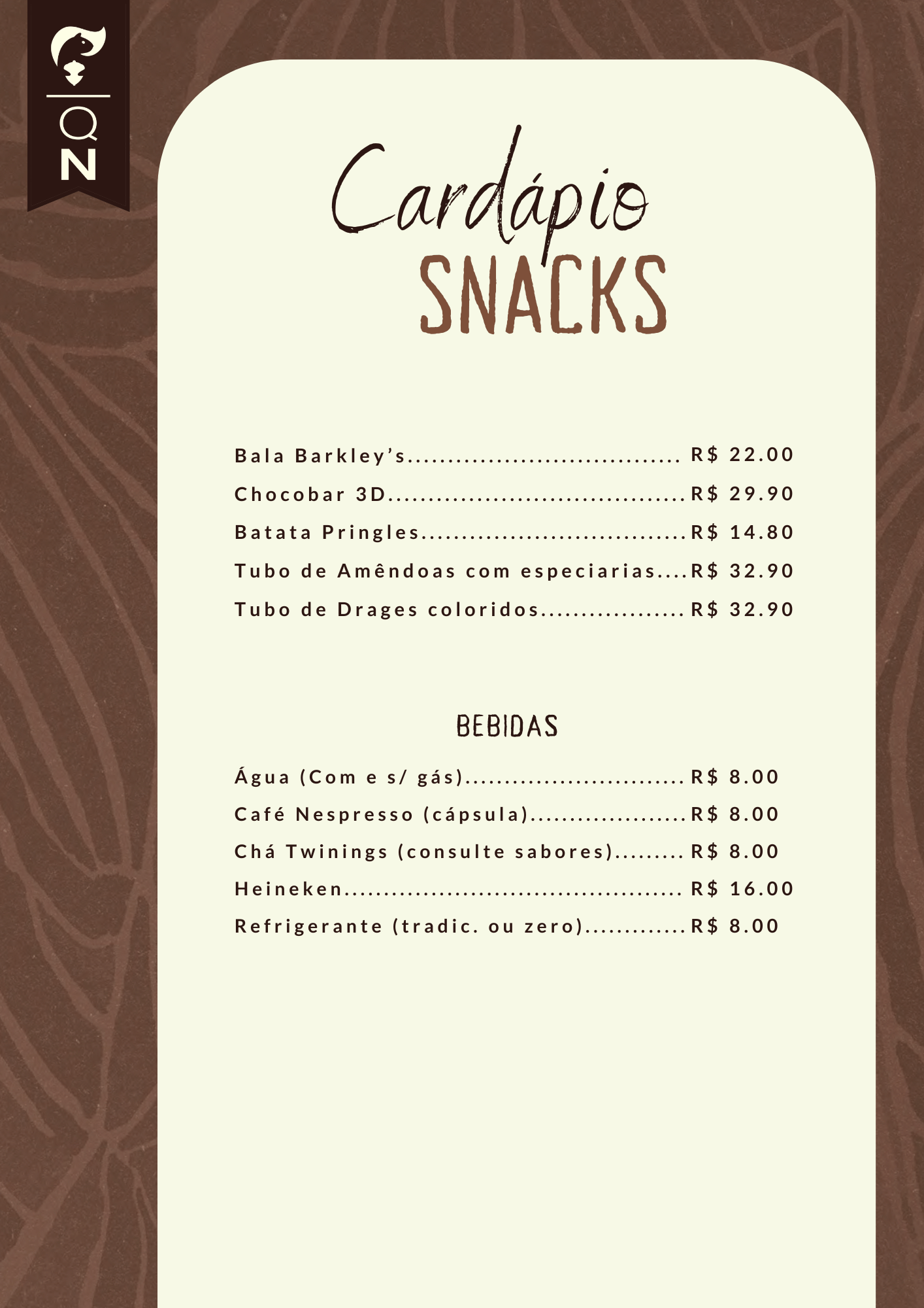 Cardápio Snacks - Hotel Quebra-Noz